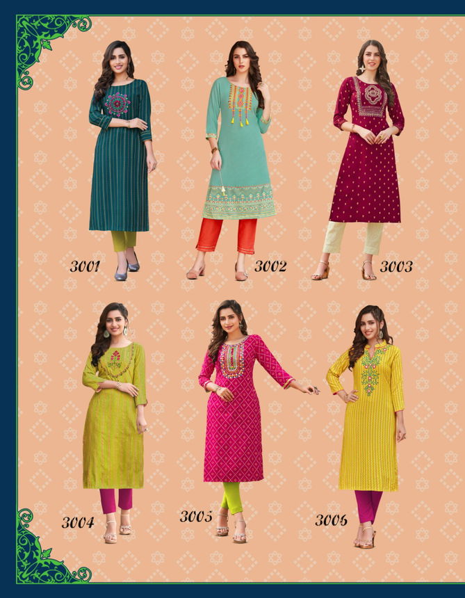 Victoria 3 Latest Fancy Designer Ethnic Wear Heavy Rayon Foil Print Designer Kurtis Collection
